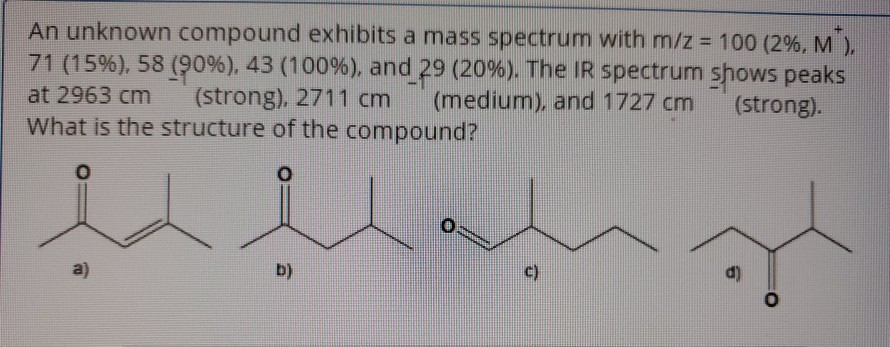 An unknown compound exhlbits a mass spectrum with m/z - 100 (29%, M 71 (15%), 58(90%) 43 (100%), and29 (20%). The IR spectrum