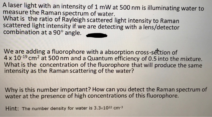 A laser light with an intensity of 1 mW at 500 nm is illuminating water to measure the Raman spectrum of water. What is the r