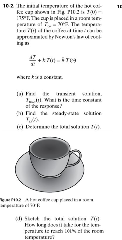 10-2. The initial temperature of the hot cof fee cup shown in Fig. P10.2 is T(0) 175 F. The cup is placed in a room tem- perature of T 70 F. The tempera ture T(t) of the coffee at time t can be approximated by Newtons law of cool- ing as dT dt where k is a constant. (a) Find the transient solution Iran (t). What is the time constant of the response? (b) Find the steady-state solution Ts(t). (c) Determine the total solution T(t) Figure P10.2 A hot coffee cup placed in a room emperature of 70?F. (d) Sketch the total solution T(t). How long does it take for the tem- perature to reach 101% of the room temperature? 10