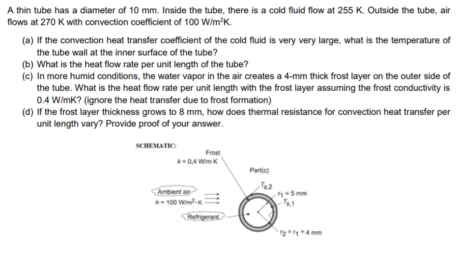 A thin tube has a diameter of 10 mm. Inside the tube, there is a cold fluid flow at 255 K. Outside the tube, air flows at 270