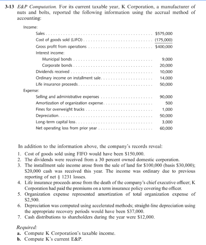 3-13 E&P Computaon For ts current taxable year, K Corporation, a manufacturer of nuts and bolts, reported the following information using the accrual method of accounting Income Sales Cost of goods sold (LIFO). . Gross profit from operations . . . . . . . . Interest income: $575,000 .. __.. 9,000 10,000 14,000 50,000 Life insurance proceeds Expense 90,000 500 Selling and administrative expenses . . . . . . . ._. . . . . . Fines for overweight trucks Depreciation. . .. Long-term capital loss Net operating loss from prior year. . 3,000 In addition to the information above, the companys records reveal: 1. Cost of goods sold using FIFO would have been S150,000 2. The dividends were received from a 30 percent owned domestic corporation 3. The installment sale income arose from the sale of land for $100,000 (basis $30,000); S20,000 cash was received this year. The income was ordinary due to previous reporting of net ? 1231 losses 4. Life insurance proceeds arose from the death of the companys chief executive officer, K Corporation had paid the premiums on a term insurance policy covering the officer 5. Organization expense represented amortization of total organization expense of S2,500 6. Depreciation was computed using accelerated methods; straight-line depreciation using the appropriate recovery periods would have been $37,000 7. Cash distributions to shareholders during the year were $12,000 Required a. Compute K Corporations taxable income b. Compute Ks current E&P