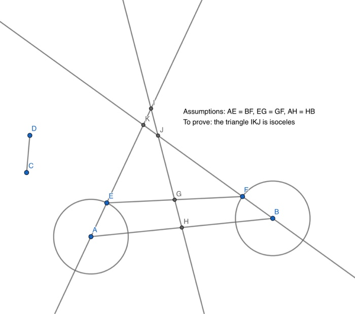 Assumptions: AE = BF, EG = GF, AH = HB To prove: the triangle IKJ is isoceles 