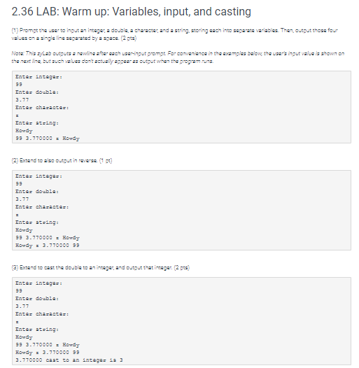 2.36 LAB: Warm up: Variables, input, and casting (1) Prom the ser to put an interades senasts and assingsring an inte separat