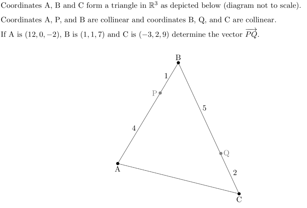 Coordinates A, B and C form a triangle in R3 as depicted below (diagram not to scale). Coordinates A, P, and B are collinear