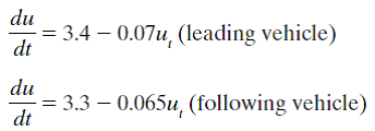 du = 3.4 0.07u, (leading vehicle) dt du dt -= 3.3 -0.065u,