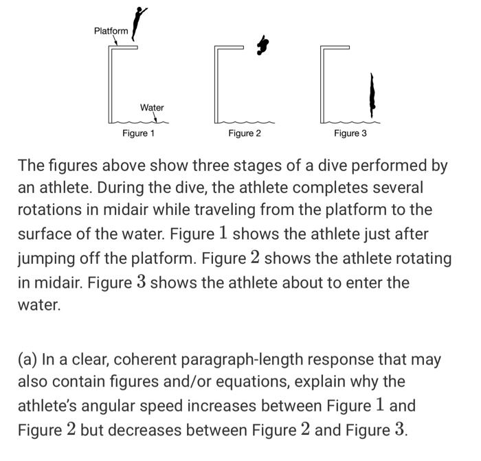 Platform Water Figure 1 Figure 2 Figure 3 The figures above show three stages of a dive performed by an athlete. During the d