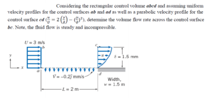 Considering the rectangular control volume abcd and assuming uniform velocity profiles for the control surfaces ab and ad as