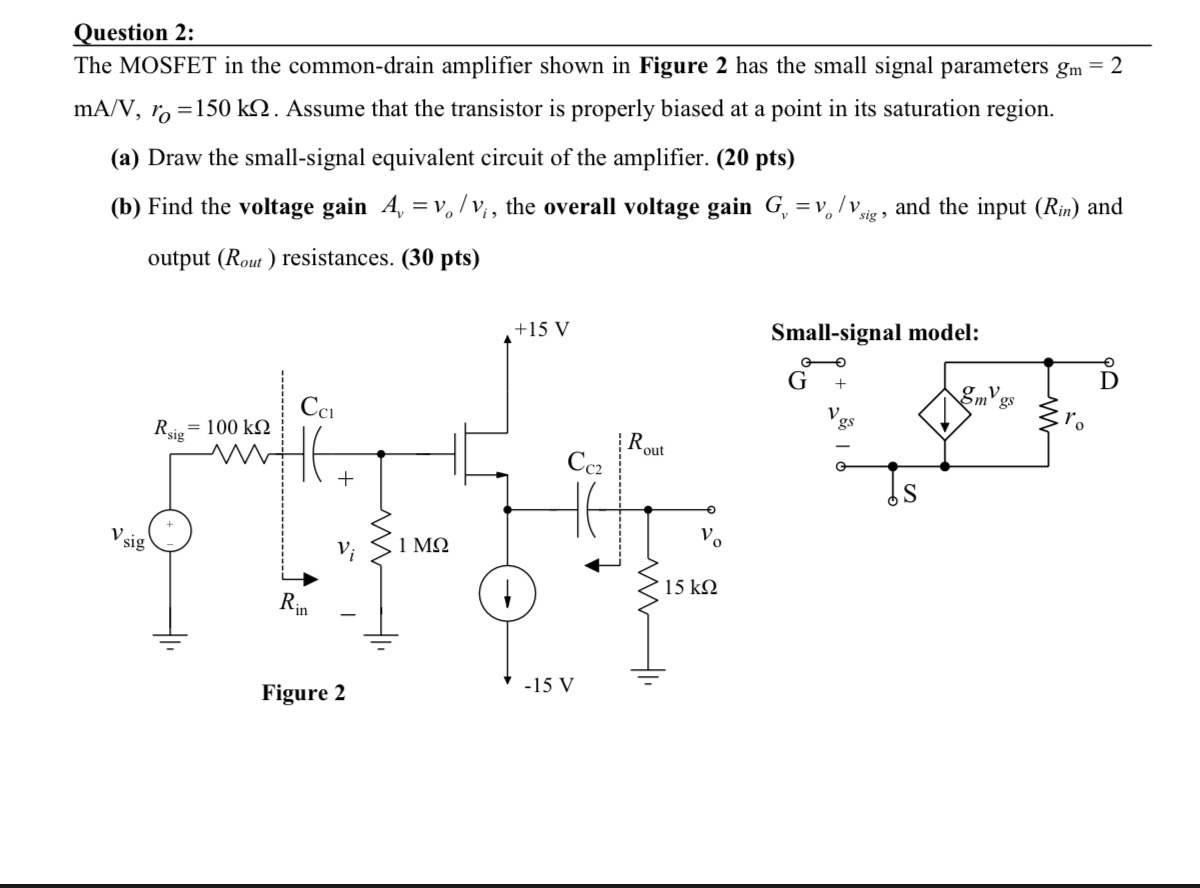 Question 2: The MOSFET in the common-drain amplifier shown in Figure 2 has the small signal parameters gm = 2 MA/V, ro=150 k1