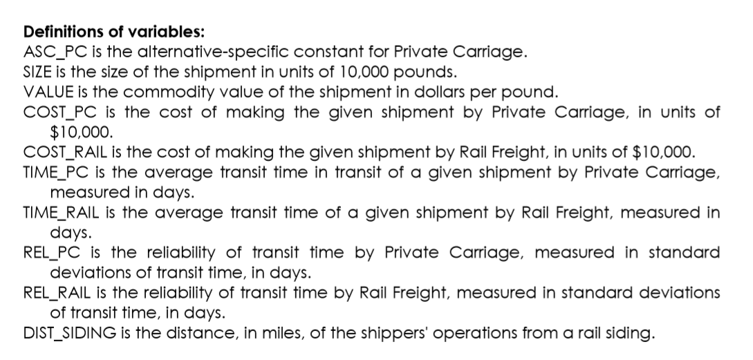 Definitions of variables: ASC_PC is the alternative-specific constant for Private Carriage. SIZE is the size of the shipment