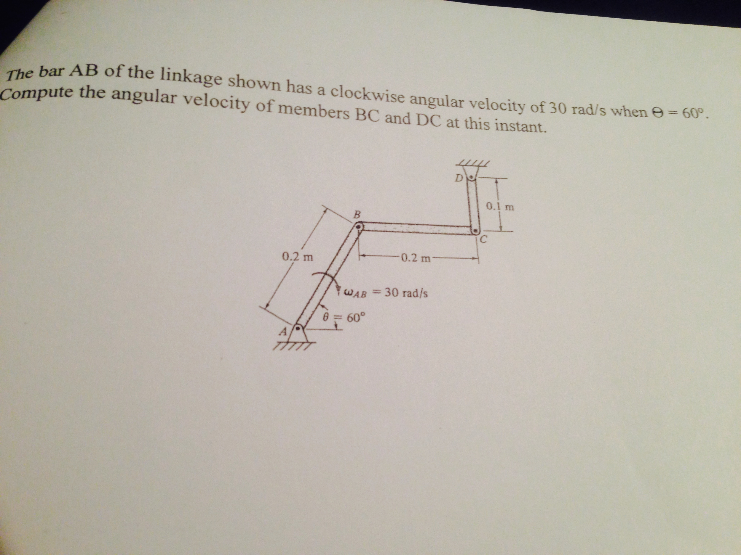 The bar AB of the linkage shown has a clockwise an