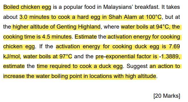 Boiled chicken egg is a popular food in Malaysians breakfast. It takes about 3.0 minutes to cook a hard egg in Shah Alam at 