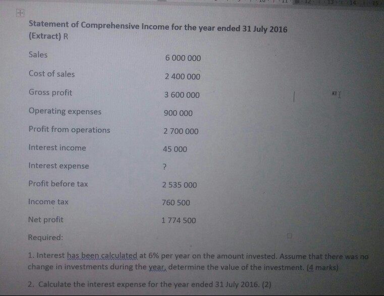 Statement of Comprehensive Income for the year ended 31 July 2016 (Extract) Sales 6 000 000 Cost of sales Gross profit 2 400