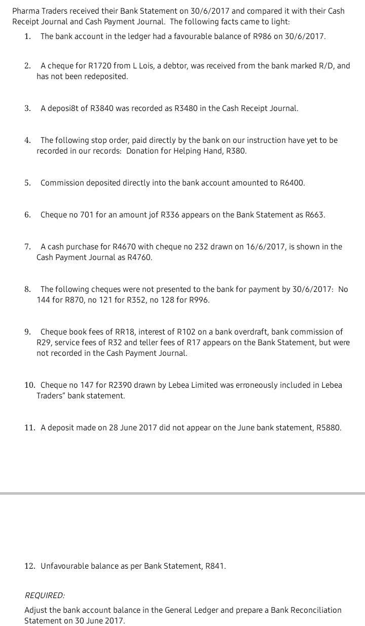 Pharma Traders received their Bank Statement on 30/6/2017 and compared it with their Cash Receipt Journal and Cash Payment Jo