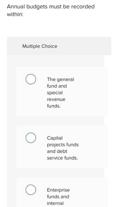 Annual budgets must be recorded within: Multiple Choice The general fund and special revenue funds. Capital projects funds an