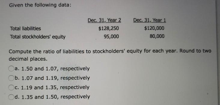 Given the following data: Dec. 31, Year 2 $128,250 95,000 Dec. 31, Year 1 $120,000 80,000 Total liabilities Total stockholders equity Compute the ratio of liabilities to stockholders equity for each year. Round to two decimal places. a. 1.50 and 1.07, respectively b. 1.07 and 1.19, respectively Oc. 1.19 and 1.35, respectively d. 1.35 and 1.50, respectively