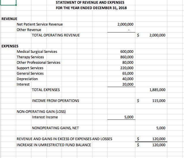 STATEMENT OF REVENUE AND EXPENSES FOR THE YEAR ENDED DECEMBER 31, 2018 2,000,000 REVENUE Net Patient Service Revenue Other Re