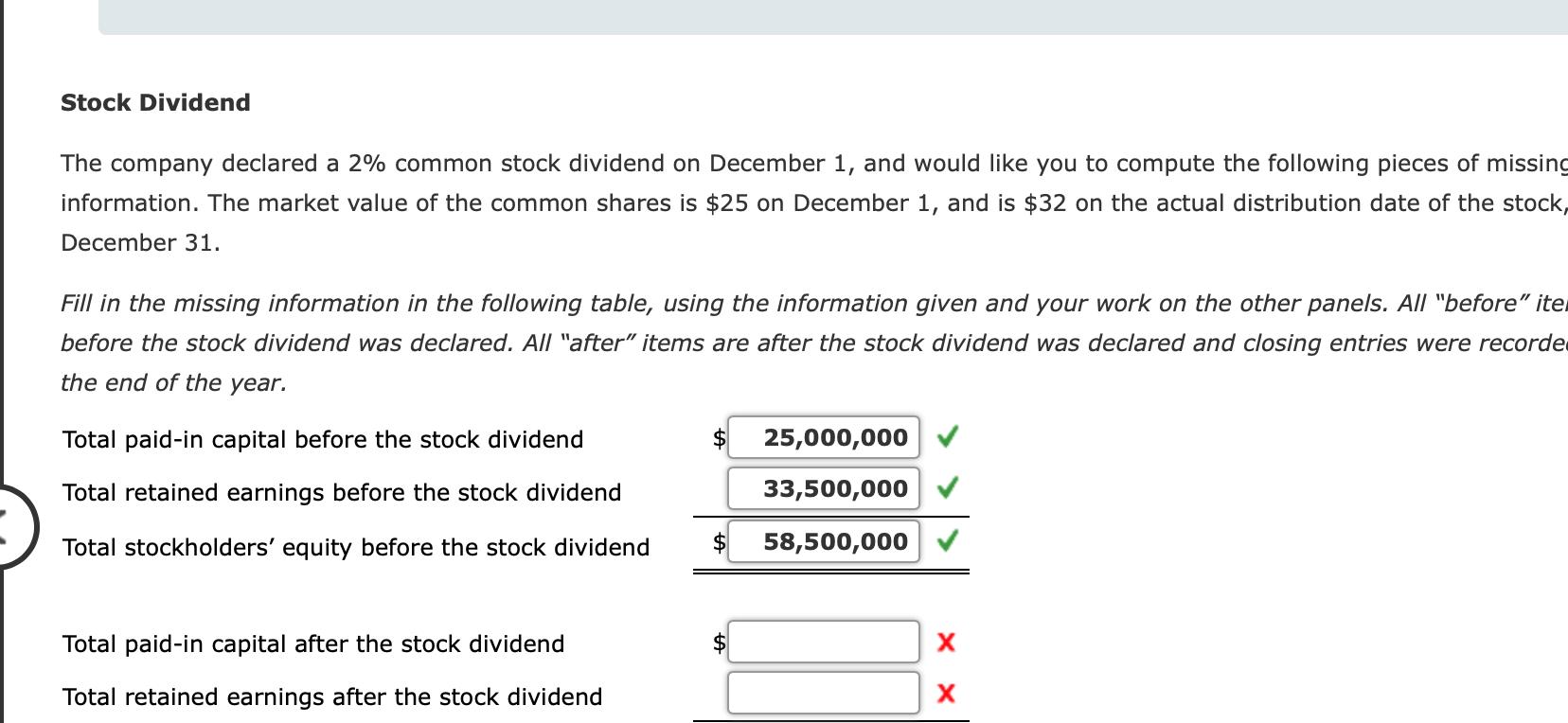 Stock Dividend The company declared a 2% common stock dividend on December 1, and would like you to compute the following pie