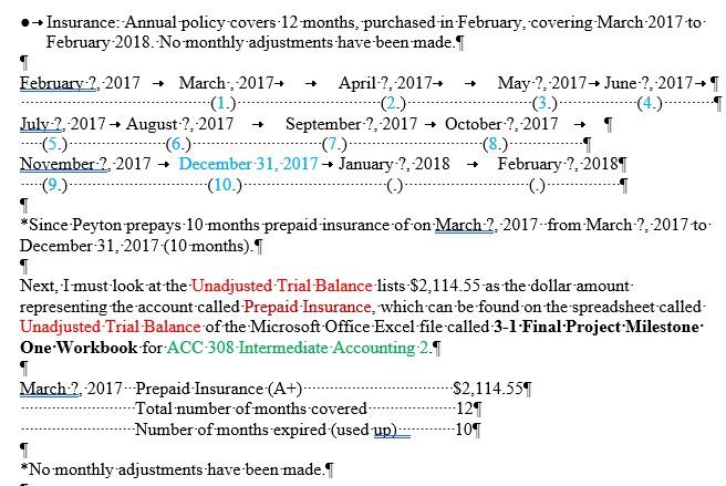 Insurance:-Annual policy covers 12 months, purchased in February, covering-March-2017 to February 2018. No monthly adjustment