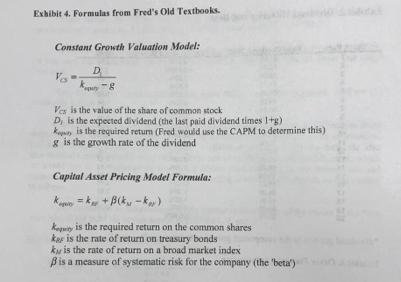 Exhibit 4. Formulas from Fred's Old Textbooks. Constant Growth Valuation Model: D g Ves is the value of the