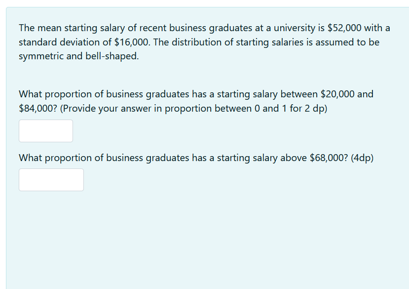The mean starting salary of recent business graduates at a university is $52,000 with a standard deviation of $16,000. The di