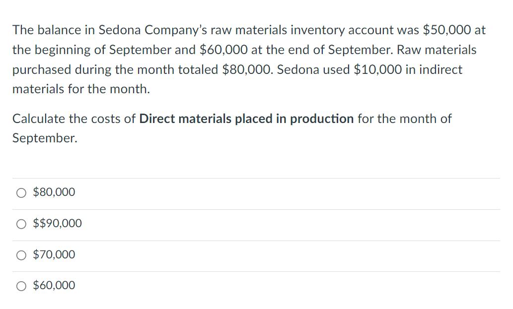 The balance in Sedona Companys raw materials inventory account was ( $ 50,000 ) at the beginning of September and ( $ 6