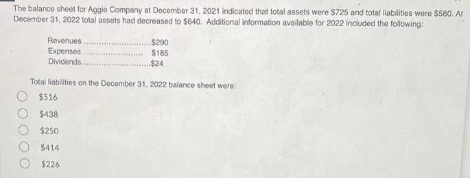 The balance sheet for Aggie Company at December 31, 2021 indicated that total assets were $725 and total