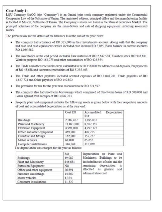 Case Study 1: LQU Company SAOG (the Company) is an Omani joint stock company registered under the Commercial Companies Law