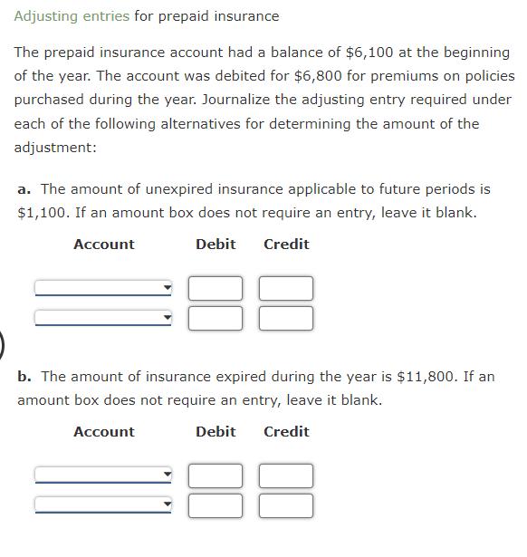 Adjusting entries for prepaid insurance The prepaid insurance account had a balance of ( $ 6,100 ) at the beginning of the