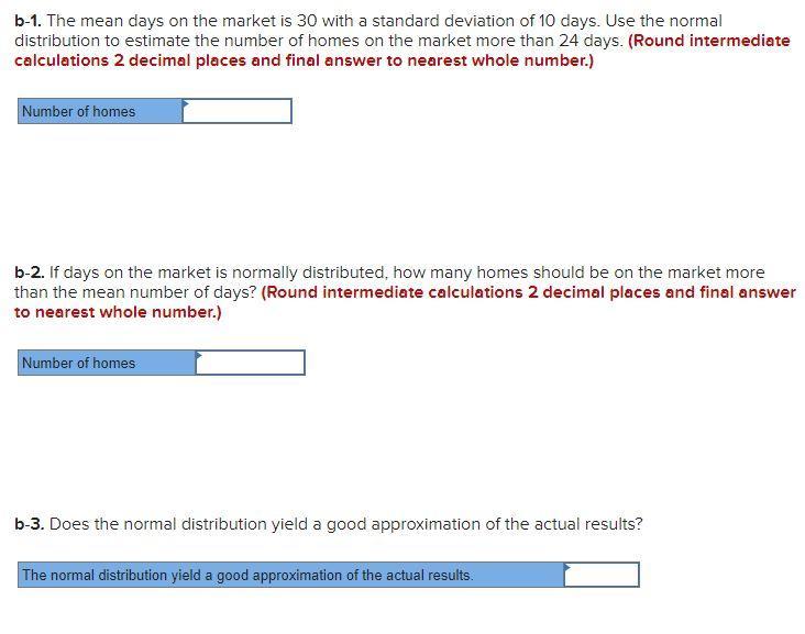 b-1. The mean days on the market is 30 with a standard deviation of 10 days. Use the normal distribution to estimate the numb