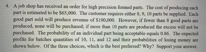 4. A job shop has received an order for high precision formed parts. The cost of producing each part is estimated to be $65,0