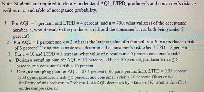 Note: Students are required to clearly understand AQL, LTPD, producers and consumers risks as well as n, c, and table of ac