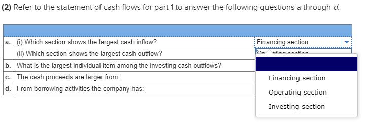 (2) Refer to the statement of cash flows for part 1 to answer the following questions a through d. Financing section a. ) Whi