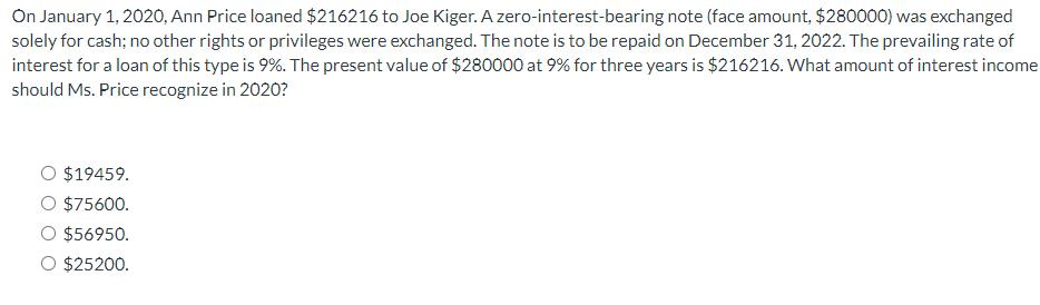 On January 1, 2020, Ann Price loaned $216216 to Joe Kiger. A zero-interest-bearing note (face amount, ( $ 280000 ) ) was
