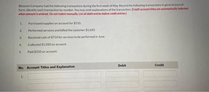 Blossom Company had the following transactions during the first week of May. Record the following transactions in general jou