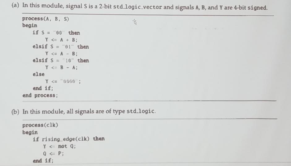 (a) In this module, signal S is a 2-bit std.logic vector and signals A, B, and Y are 4-bit signed. का process(A, B, S) begin