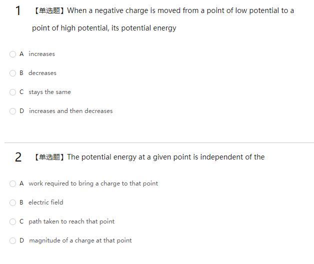1 1 (609) When a negative charge is moved from a point of low potential to a point of high potential, its potential energy A
