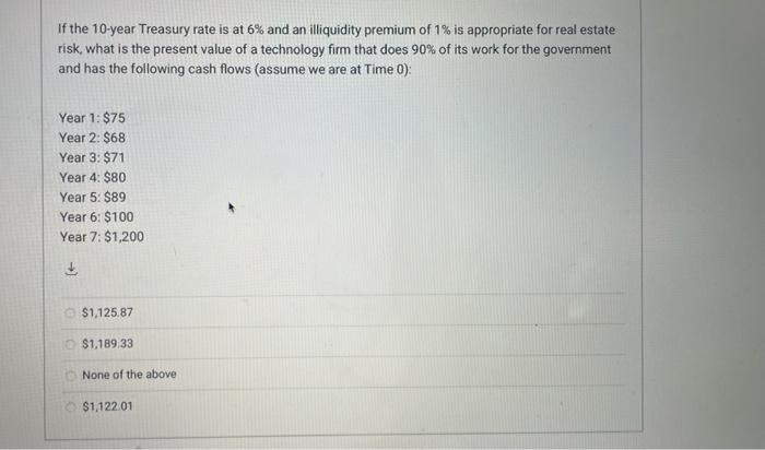 If the 10 -year Treasury rate is at ( 6 % ) and an illiquidity premium of ( 1 % ) is appropriate for real estate risk,