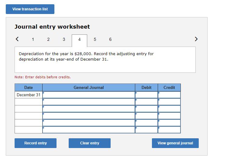 Journal entry worksheet Depreciation for the year is ( $ 28,000 ). Record the adjusting entry for depreciation at its year