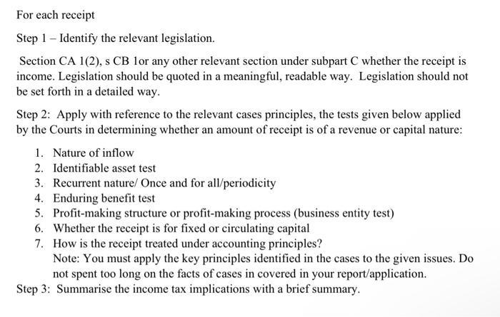 For each receipt Step 1 - Identify the relevant legislation. Section CA 1(2), s CB 1or any other relevant section under subpa