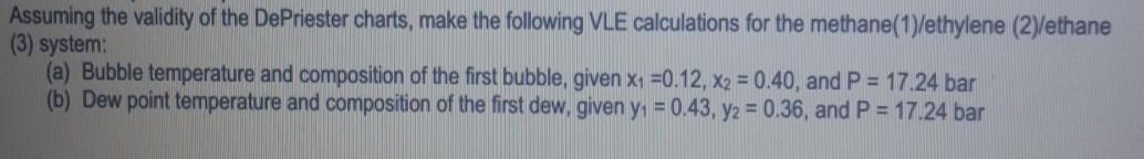 Assuming the validity of the DePriester charts, make the following VLE calculations for the methane(1)/ethylene (2)/ethane (3