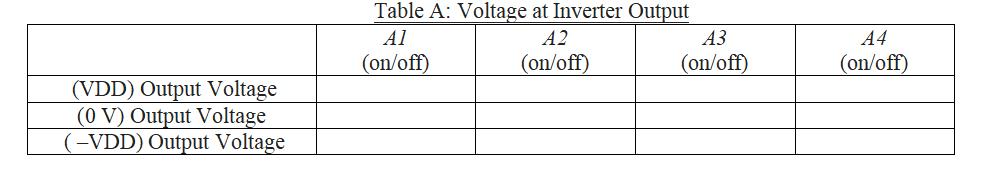 Table A: Voltage at Inverter Output begin{tabular}{|c|c|c|c|c|} hline & ( A 1 ) (on/off) & ( A 2 ) (on/off) & ( A 3 )