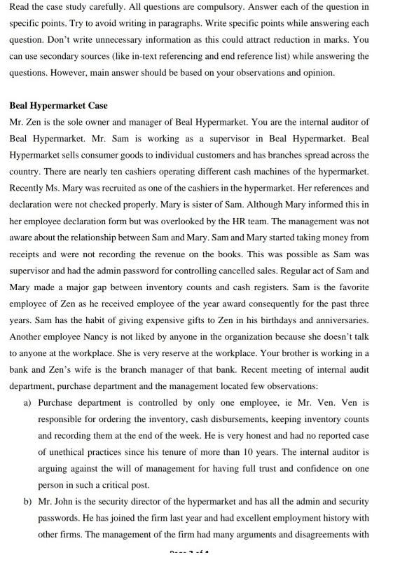 Read the case study carefully. All questions are compulsory. Answer each of