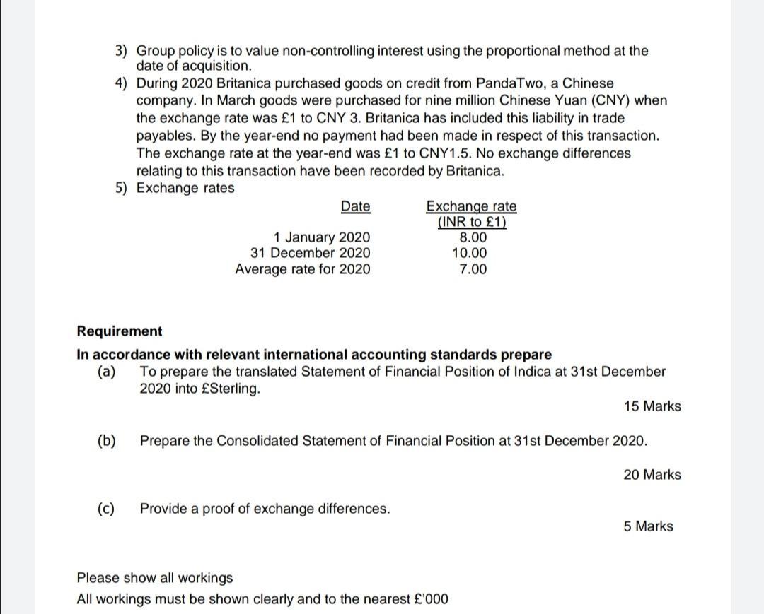 3) Group policy is to value non-controlling interest using the proportional method at the date of acquisition. 4) During 2020