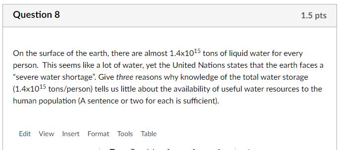 On the surface of the earth, there are almost ( 1.4 times 10^{15} ) tons of liquid water for every person. This seems like