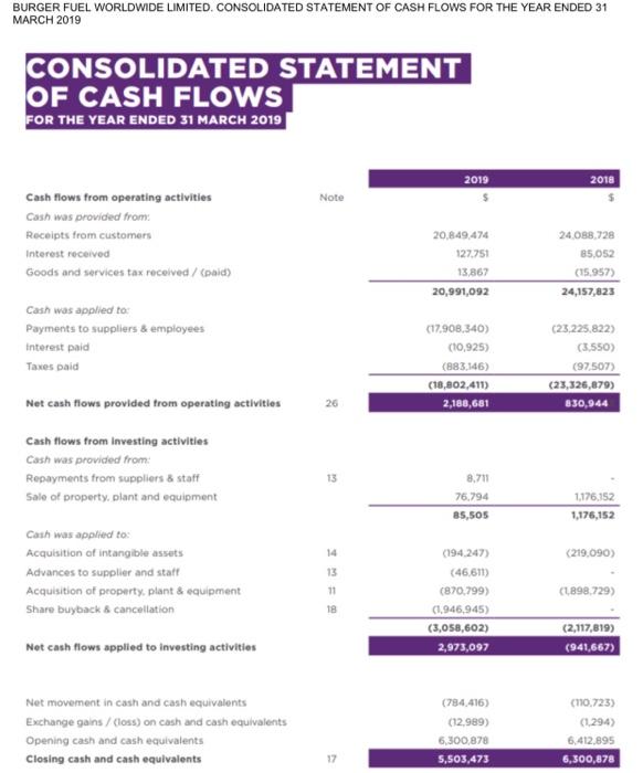 BURGER FUEL WORLDWIDE LIMITED. CONSOLIDATED STATEMENT OF CASH FLOWS FOR THE YEAR ENDED 31 MARCH 2019