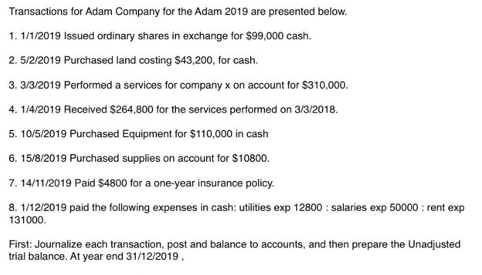 Transactions for Adam Company for the Adam 2019 are presented below. 1.1/1/2019 Issued ordinary shares in exchange for $99,00