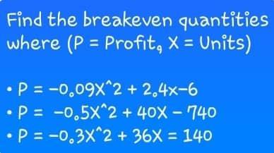 Find the breakeven quantities where ( left(P=ight. ) Profit ( _{9} X= ) Units) - ( P=-0.09 x^{wedge} 2+2.4 x-6 ) -