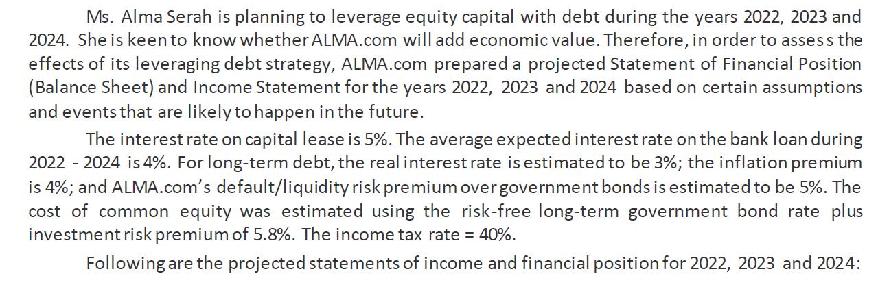 Ms. Alma Serah is planning to leverage equity capital with debt during the years 2022, 2023 and 2024. She is keen to know whe