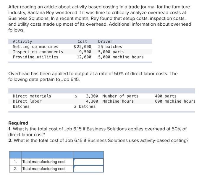 After reading an article about activity-based costing in a trade journal for the furniture industry, Santana Rey wondered if