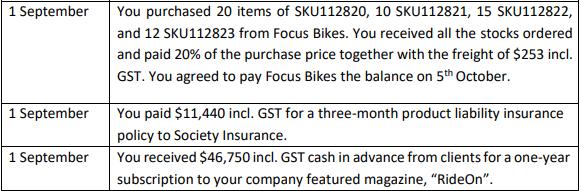 1 September You purchased 20 items of SKU112820, 10 SKU112821, 15 SKU112822, and 12 SKU112823 from Focus Bikes. You received